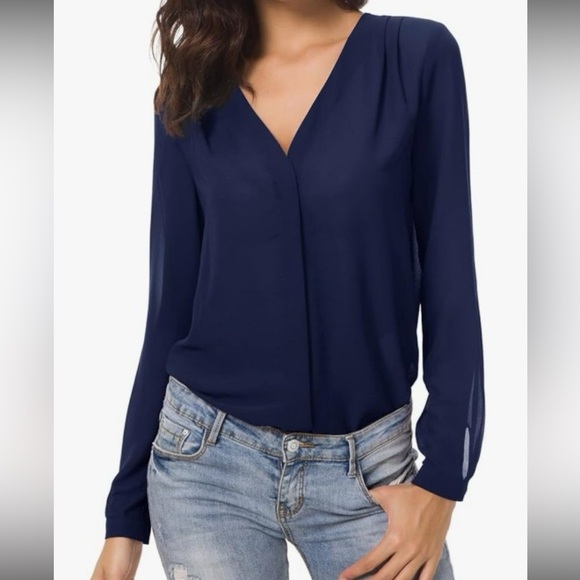 Old Navy  navy blue Mandarin collar V-neck tunic top size large - Picture 3 of 9